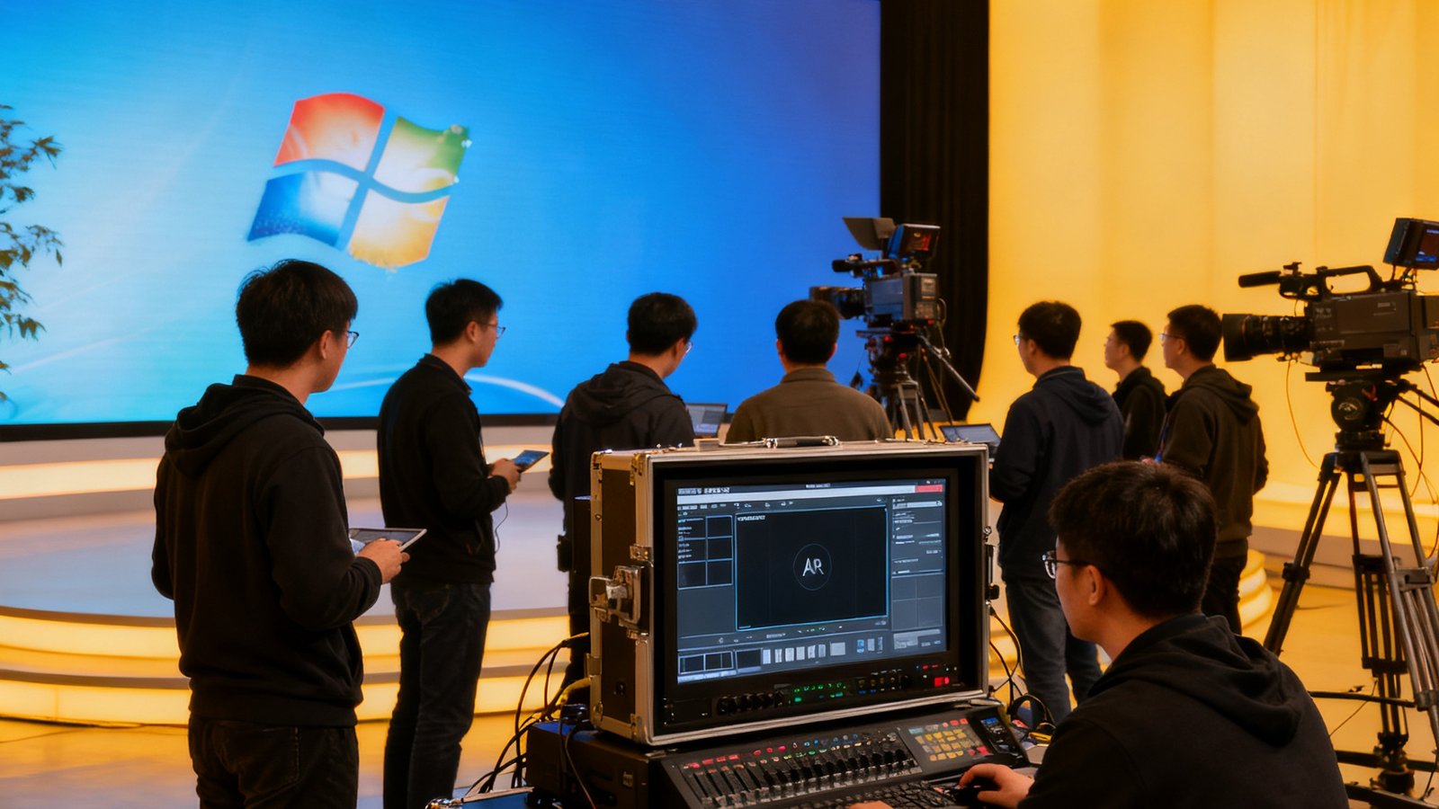 DS视讯创始团队于2016年在北京数字演播厅内调试自研AR视讯融合设备的场景，多名工程师围绕大型LED屏幕和摄像机组进行技术联调